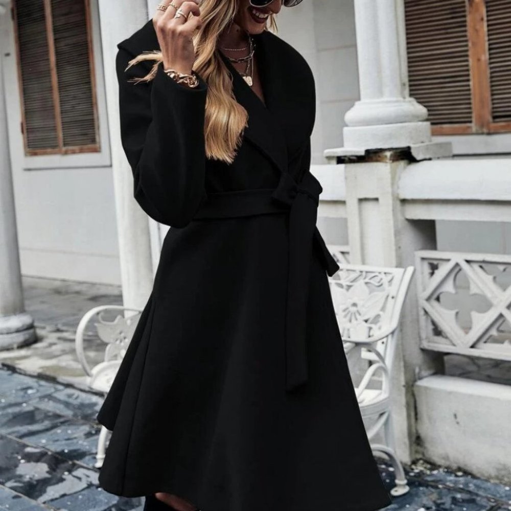 Classy Double Button Belted Overcoat shacket jacket coat black - Picture 5 of 7